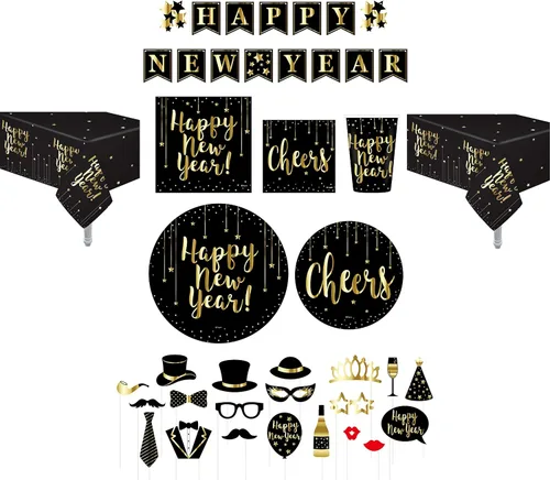 Sirve 30 | Paquete completo de fiesta | Kit esencial de feliz Año Nuevo | Platos de papel de cena de 9 pulgadas | Platos de papel de postre de 7