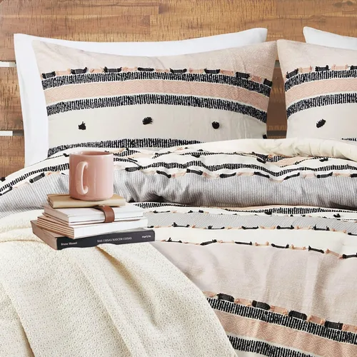 Miniatura 6 de Hyde Lane Juego de edredón bohemio tamaño Queen, ropa de cama moderna tamaño Full estilo casa de campo, parte superior de algodón con rayas jacquard