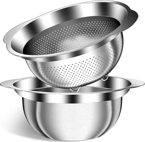 Miniatura 12 de Colador de acero inoxidable con tazón para mezclar, lavadora de arroz, colador para cocina, colador de arroz, lavado de frutas y verduras, colador