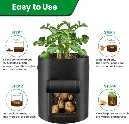 Miniatura 4 de Paquete de 6 bolsas de cultivo de papas, bolsas de plantación de 10 galones, macetas grandes de tela con ventana de solapa, maceta de jardín, Negro