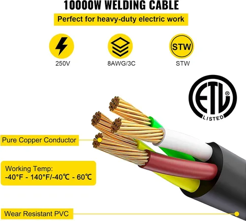 Miniatura 3 de VEVOR Cable de extensión de soldador de 25 pies, 40 amperios, 250 V, 8 calibre 3 puntas, cable de extensión de soldadura resistente con NEMA 6-50P a