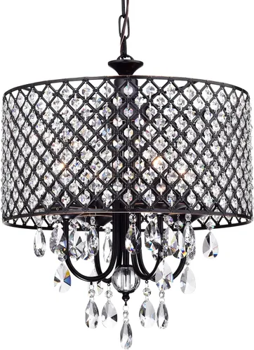 Edvivi Marya - Candelabro de cristal de tambor, 4 luces glamorosas con acabado de bronce aceitado, luz de techo ajustable con pantalla redonda de