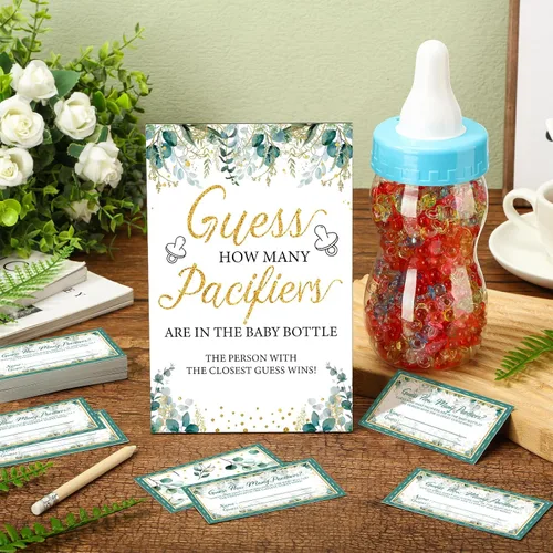 Miniatura 2 de Syhood Greenery Baby Shower Games Guess How Many Pacifiers Sage Game Signal, 50 pequeños juegos de adivinanzas, 20 lápices HB, botella de leche