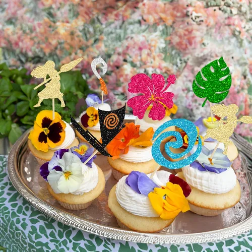 Miniatura 9 de 24 piezas inspiradas en Mo para cupcakes de cumpleaños con purpurina de hoja de palma, flor de moana, decoración de fiesta de cumpleaños hawaiana