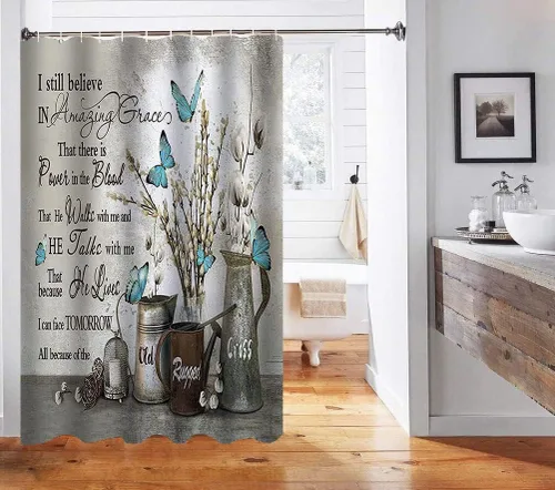 Miniatura 5 de Namdeva Cortina de ducha rústica de granja, diseño de mariposa azul, flores de algodón blanco, citas inspiradoras, estilo shabby chic, decoración