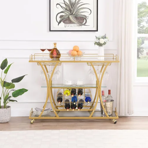 Miniatura 5 de Carritos de Bar Dorados con Soportes de Vasos y Estante para Vino, Carritos de Bar para Servir en Casa de 3 Niveles con Estantes de Vidrio, Carritos