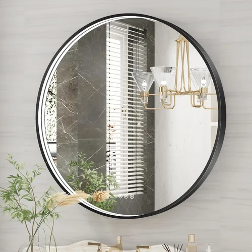 Miniatura 54 de Espejo de baño LED de 24x32 pulgadas con luces, espejo LED con marco de metal negro para baño, 3 colores y luz regulable sin escalones montada