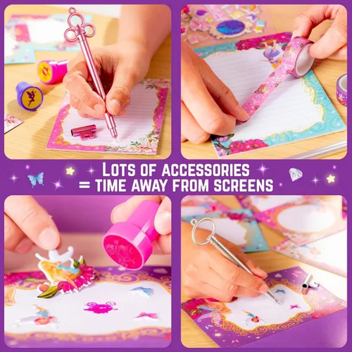 Miniatura 5 de GirlZone Princess Stationery Set - Juego de 45 piezas para escribir letras de cuento de hadas, papel multicolor con letras de hadas y sobres, sellos