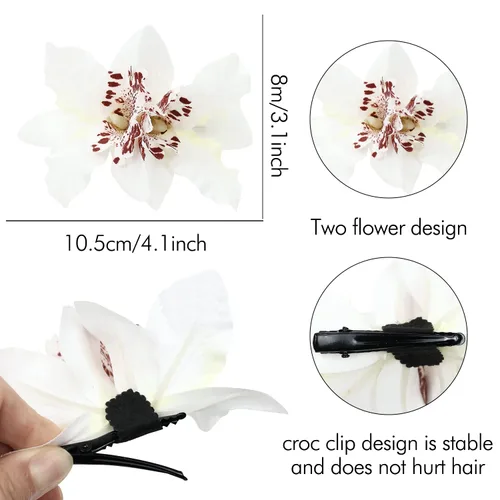 Miniatura 5 de Lawie Paquete de 12 pinzas para el pelo de orquídeas artificiales de seda falsas, pasadores florales con broches de cocodrilo, piezas de cabello