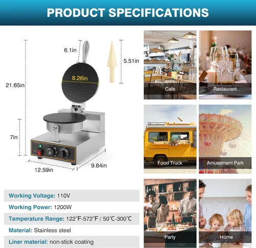 Miniatura 2 de IRONWALLS Máquina comercial para hacer gofres, 110 V, 1200 W, de acero inoxidable, eléctrica, para hacer gofres con bandeja de horno antiadherente