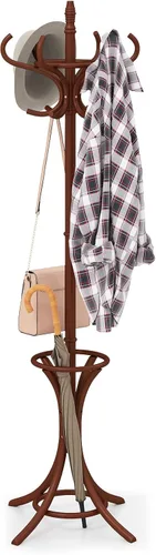 Miniatura 10 de Giantex Perchero de madera maciza, árbol de pasillo independiente con 12 ganchos, soporte para paraguas, soporte de entrada para abrigos, sombreros