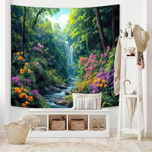 Miniatura 6 de Tapiz de cascada de bosque, flores de paisaje natural, tapices para colgar en la pared para hombres y niños, decoración de arte de pared, decoración
