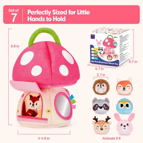 Miniatura 8 de hahaland Juguetes para bebés de 6 a 12 meses – Juguetes Montessori para niña de 6 meses, mi primera casa de hongos con animales rellenos