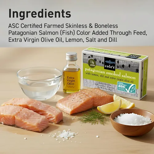 Miniatura 4 de Cole's Filete de Salmón Ahumado Patagónico con Limón y Eneldo en Aceite de Oliva Extra Virgen 3.2 oz Envasado a Mano Salmón Ahumado Enlatado 13g