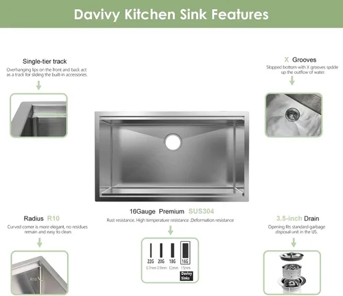 Miniatura 3 de Davivy Fregadero moderno con estación de trabajo de acero inoxidable de 30 pulgadas con diseño en forma de X, calibre 16, 30 x 18 pulgadas, pista