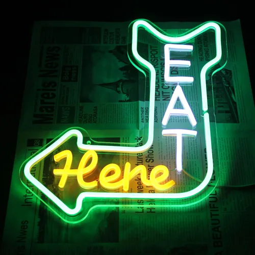 Miniatura 7 de Letrero de neón con texto en inglés "Eat Here", para decoración de pared con orientación de flecha, verde, naranja, blanco, para comer, regulable