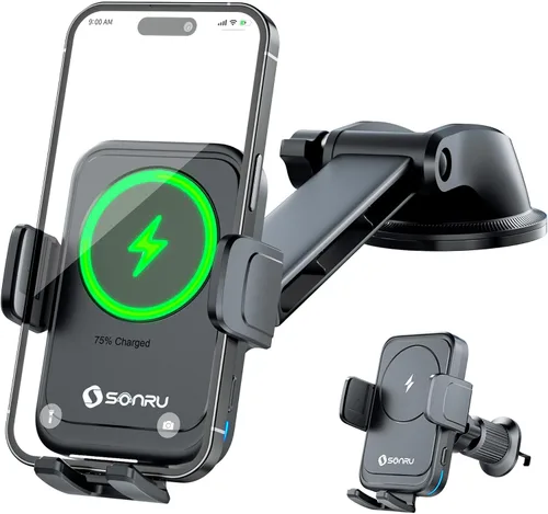 SONRU Cargador inalámbrico Qi de 15 W, cargador inalámbrico de coche de carga rápida, sujeción automática, soporte de succión para salpicadero,