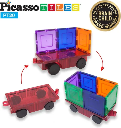 Miniatura 9 de PicassoTiles Figuras magnéticas + 100 azulejos magnéticos + 2 camiones de automóvil, juego de expansión de imán de acción de personajes de 8 piezas