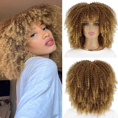 Miniatura 7 de Pelucas rizadas negras para mujeres negras, peluca afro corta negra rizada con flequillo, pelucas sintéticas resistentes al calor, pelucas negras