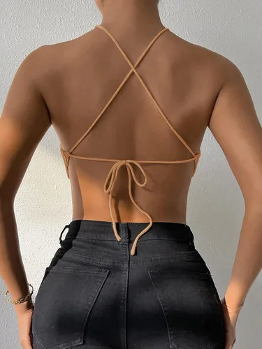 Miniatura 2 de WDIRARA Top cruzado cruzado de punto halter de punto halter asimétrico para mujer