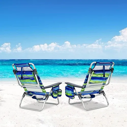 Miniatura 2 de Goplus Silla de playa, mochila plegable para adultos, sillas de playa con posiciones ajustables, almohada para la cabeza, bolsa refrigeradora