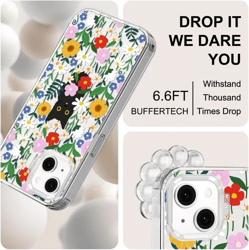 Miniatura 6 de MOSNOVO Funda para iPhone 13/14, grado militar, probada en caídas de 6.6 pies, transparente con gato negro en diseño de jardín Transparente - Gato