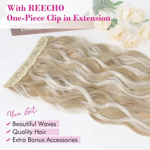 Miniatura 4 de REECHO Extensiones de cabello rubio, extensiones de una pieza con clip de 20" para mujer, extensiones de cabello sintético suave y natural con ondas