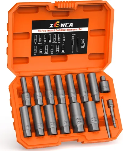 Miniatura 11 de XEWEA Juego de 14 piezas de extractor de pernos, juego de zócalos extractores de pernos rayados de impacto de 3/8" para quitar pernos y tuercas