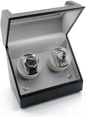 Miniatura 3 de Bobinadora de reloj doble con pilas en cuero negro, Negro -, Contemporáneo