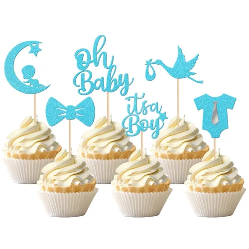 Miniatura 10 de 24 piezas de adornos para cupcakes con lazo con purpurina, vestido de luna Oh Baby para revelación de género, baby shower, fiesta de cumpleaños