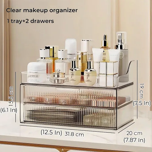 Miniatura 4 de Organizador de maquillaje para encimera, vitrinas de cosméticos grandes, organizador de cosméticos para el cuidado de la piel, 2 cajones