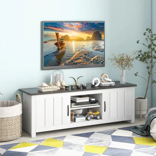 Miniatura 3 de Tangkula Soporte de TV de 2 puertas para televisores de hasta 65 pulgadas, mesa consola de TV de 57 pulgadas con 2 gabinetes y estantes abiertos