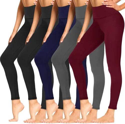 Sundwudu Paquete de 5 leggings para mujer, control de abdomen, pantalones de yoga negros suaves de cintura alta para entrenamiento, tallas regulares