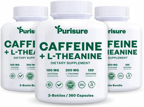 Miniatura 9 de Purisure Cápsulas de teanina de cafeína, píldoras de cafeína 100 mg L teanina para pre entrenamiento, energía y claridad, píldoras energéticas