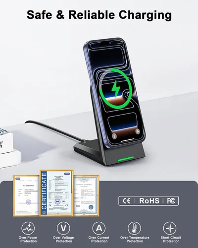 Miniatura 7 de NANAMI Soporte de cargador inalámbrico magnético de 25 W, cargador de teléfono magnético rápido, alineación N52, ajustable en 360°, LED