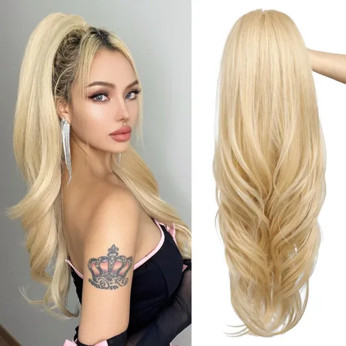 Miniatura 12 de SEIKEA Extensión de cola de caballo versátil con cordón, 26" de largo, cabello ondulado multicapa, clip para cola de caballo, extensiones de pelo
