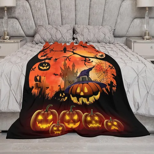 Miniatura 8 de Mantas de noche de Halloween de dibujos animados para sofá y cama, manta de castillo de bosque de terror, manta suave, acogedora, ligera