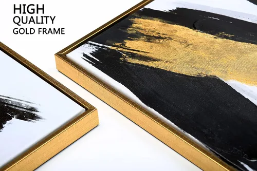 Miniatura 3 de Sofoney - Lienzo abstracto enmarcado en oro negro y dorado, impresiones artísticas 3D texturizadas con pinceladas negras con lámina dorada