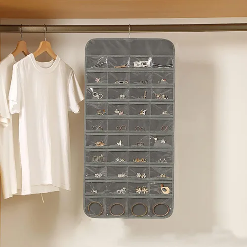 Miniatura 2 de AARAINBOW Organizador de joyas colgante de doble cara con 80 bolsillos, colgador de joyas para aretes, collares, anillos en armario, pared, puerta