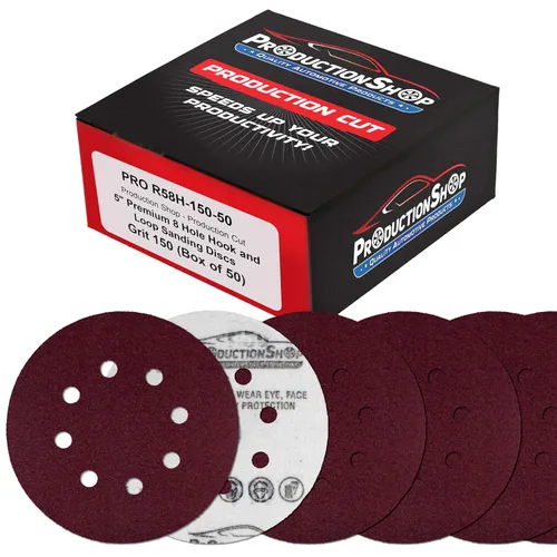 Miniatura 20 de ProductionShop Discos de lijado de grano 40 con patrón rojo de 8 agujeros de 5 pulgadas, caja de 30, papel de lija sin polvo con respaldo de gancho