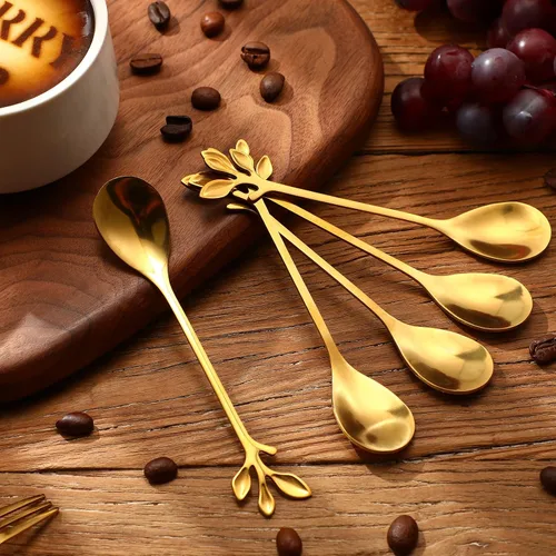 Miniatura 5 de Juego de 40 piezas de cuchara de café de hoja de acero inoxidable y tenedor de aperitivo, cuchara de postre, mini utensilios de postre plateados