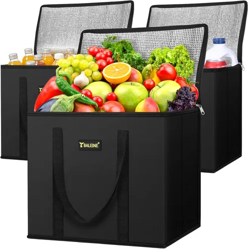 Miniatura 35 de BALEINE Paquete de 3 bolsas reutilizables para comestibles, bolsas de compras plegables para comestibles con parte inferior reforzada y asas
