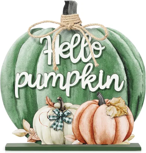 Miniatura 7 de Soaoo Decoración de Acción de Gracias, letrero de madera de otoño con texto en inglés "Hello Pumpkin", decoración de mesa de calabaza de otoño de 11