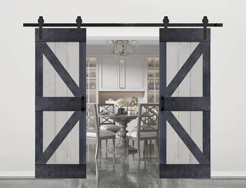 Miniatura 5 de Serie K de 60 x 84 pulgadas (30 x 84 pulgadas x 2 paneles) Puerta corredera clásica de madera maciza con acabado de nogal con riel de herrajes
