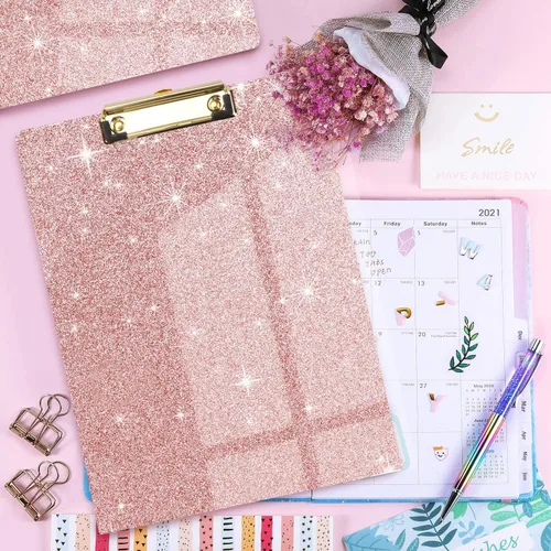Miniatura 8 de Portapapeles acrílico, tablero rígido rosa con purpurina para mujeres y niñas, tablero de clip tamaño carta Stardard con clip dorado de perfil bajo
