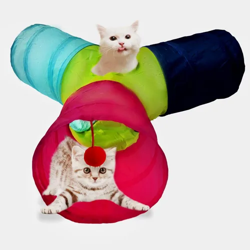 Miniatura 9 de Túnel para gatos, tubos de juguete, túneles para gatos de interior, juguete interactivo plegable de 3 vías en azul con bolas para conejos, gatitos