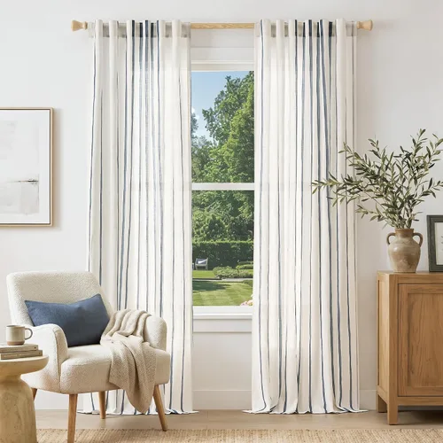 Miniatura 24 de Vangao Cortinas de lino a rayas para sala de estar, dormitorio, casa rural con estampado de rayas de tictac, cortinas impresas con ojales