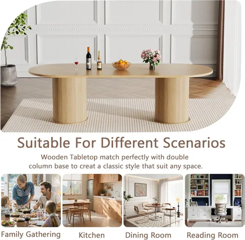 Miniatura 6 de Mesa de comedor redonda extensible con base de almacenamiento, mesa de comedor expandible natural de 63 a 94 pulgadas para 10 personas, mesa