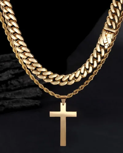 Miniatura 4 de 2 collares de cruz para hombres y mujeres, cadena de eslabones cubanos de plata dorada y negra para hombres, cadena de cuerda en capas, collar