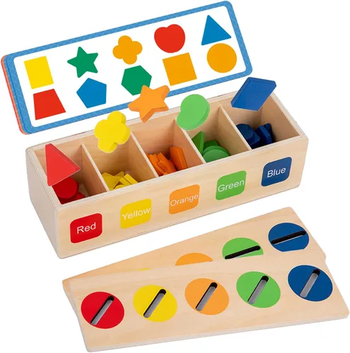 Adena Montessori Clasificador de formas de madera - Juguetes de aprendizaje a juego de colores para niños de 2 a 3 años (10 formas)